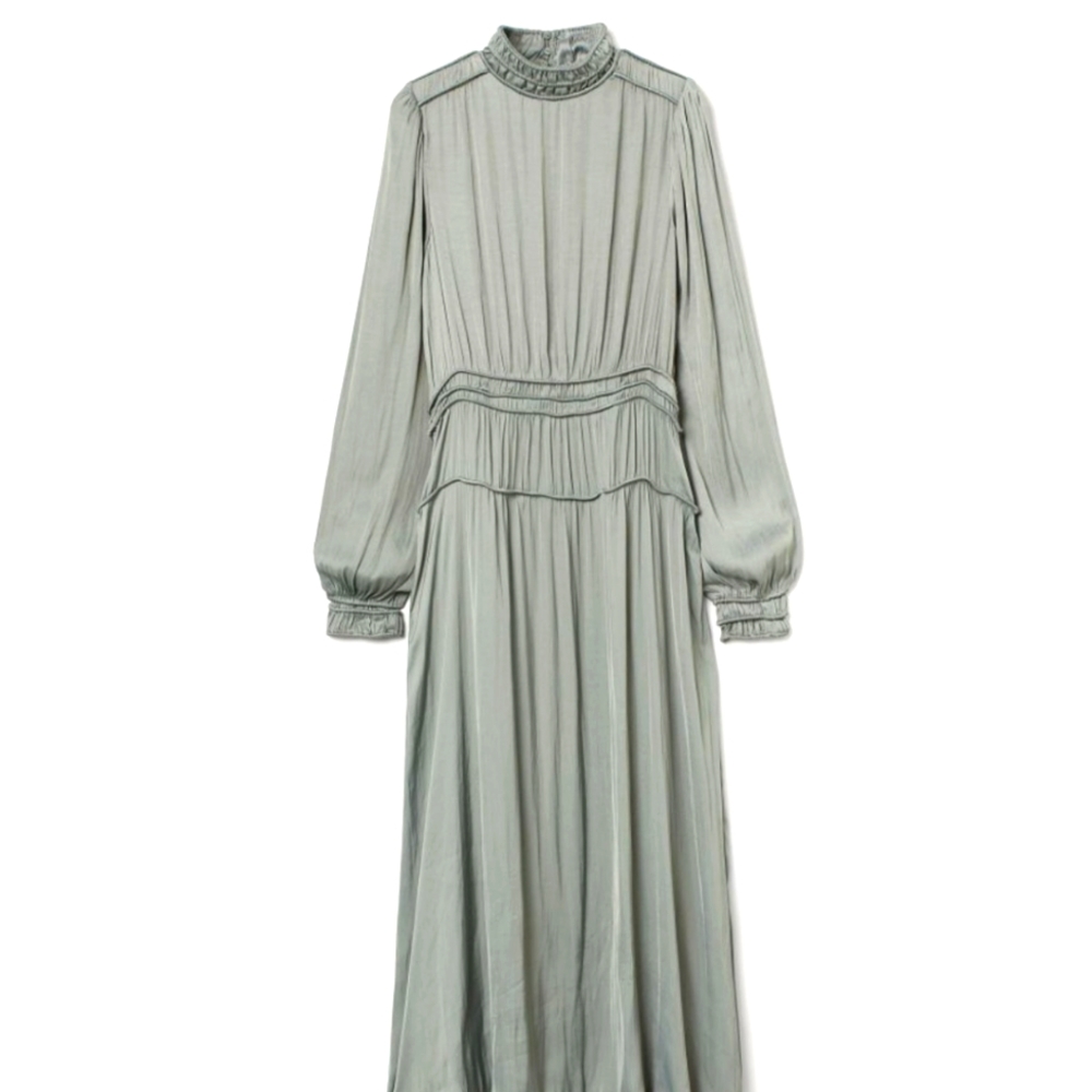 H&M Satin sage khaki olive green midi dress high neck XS